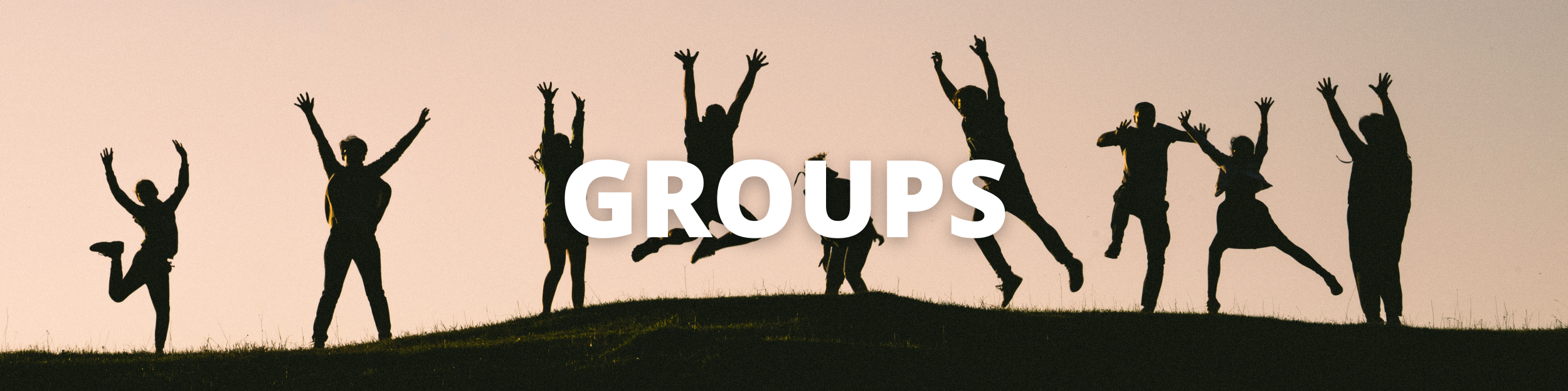 Image is a silhouette of 9 people with their arms in the air. Some are jumping. The word "groups" is visible in white text over the image.