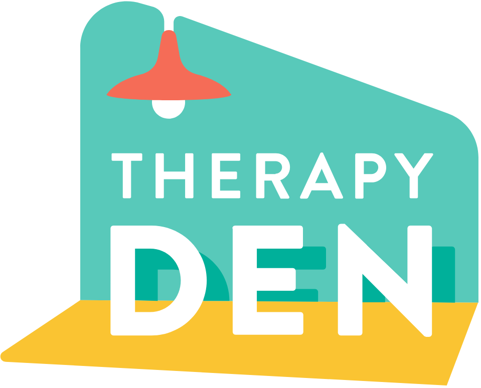 Image contains a logo of an angled green wall meeting a yelllow floor with a lamp with a red shade and exposed bulb hanging from the top. The words "Therapy Den" appear in white text with a drop shadow over the wall and floor.