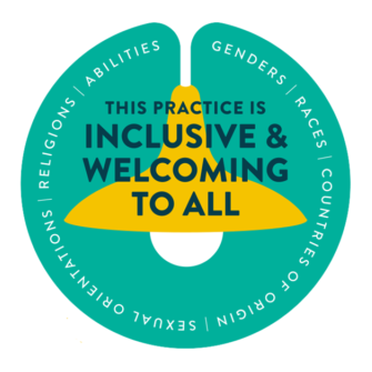 Image contains Therapy Den badge. Logo consists of a green circle with a hanging lamp with a yellow shade. Black text says "This practice is inclusive and welcoming to all." White text around the outside says "Genders/Races/Countries of Origin/Sexual Orientations/Religons/Abilities"
