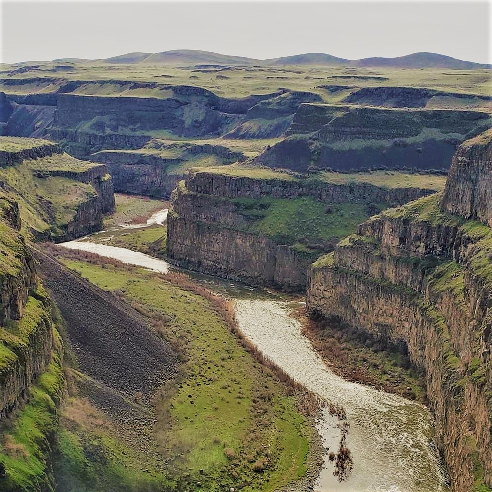 Image of Palouse river and canyon from viewpoint above the canyon on an overcast day at Palouse Falls State Park in Washington.