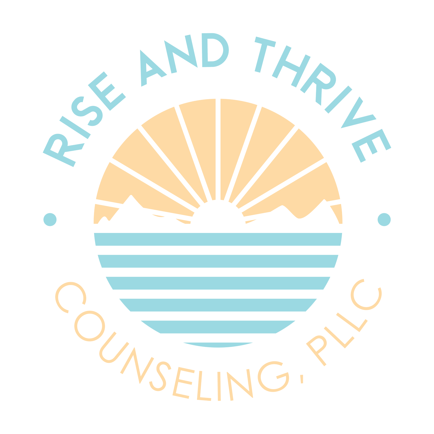 This is the logo for Rise and Thrive Counseling PLLC. A round image of a sunrise over water is featured in the center with the words "Rise and Thrive in blue text above, and the words "Counseling PLLC" in orange text below.