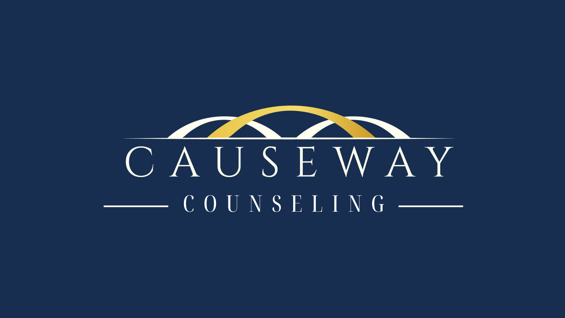 The logo for Causeway Counseling has a solid navy blue background, the word Causeway in white all capital letters with the word counseling in all white, but smaller capital letters underneath, and three low arches above both sets of text. Two white arches with a yellow arch in front of them.
