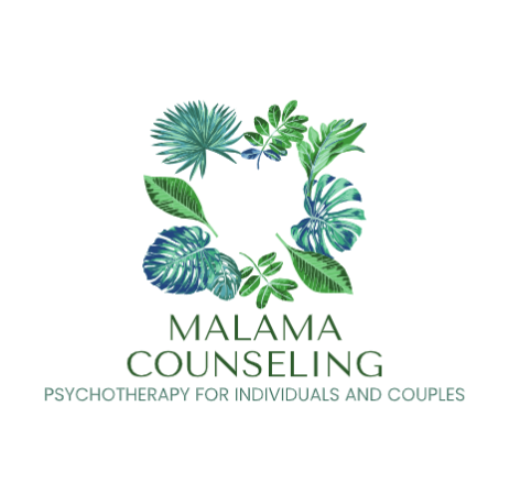 This image contains the logo for Malama Counseling. It features a square made of leaves of various species of plants in multiple shades of green. Underneath are the words "Malama Counseling" in all caps. Beneath that, in all caps but smaller font are the words "Psychotherapy for individuals and couples."