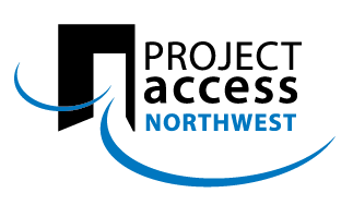 The Project Access Northwest logo features a black silhouette of an open door with two blue lines flowing through it. The word "project" is in all caps in black text. Under that, the word "access" is in all lower case bold text. Below that is the word "Northwest" in all caps and blue font. The text is to the right of the door image.