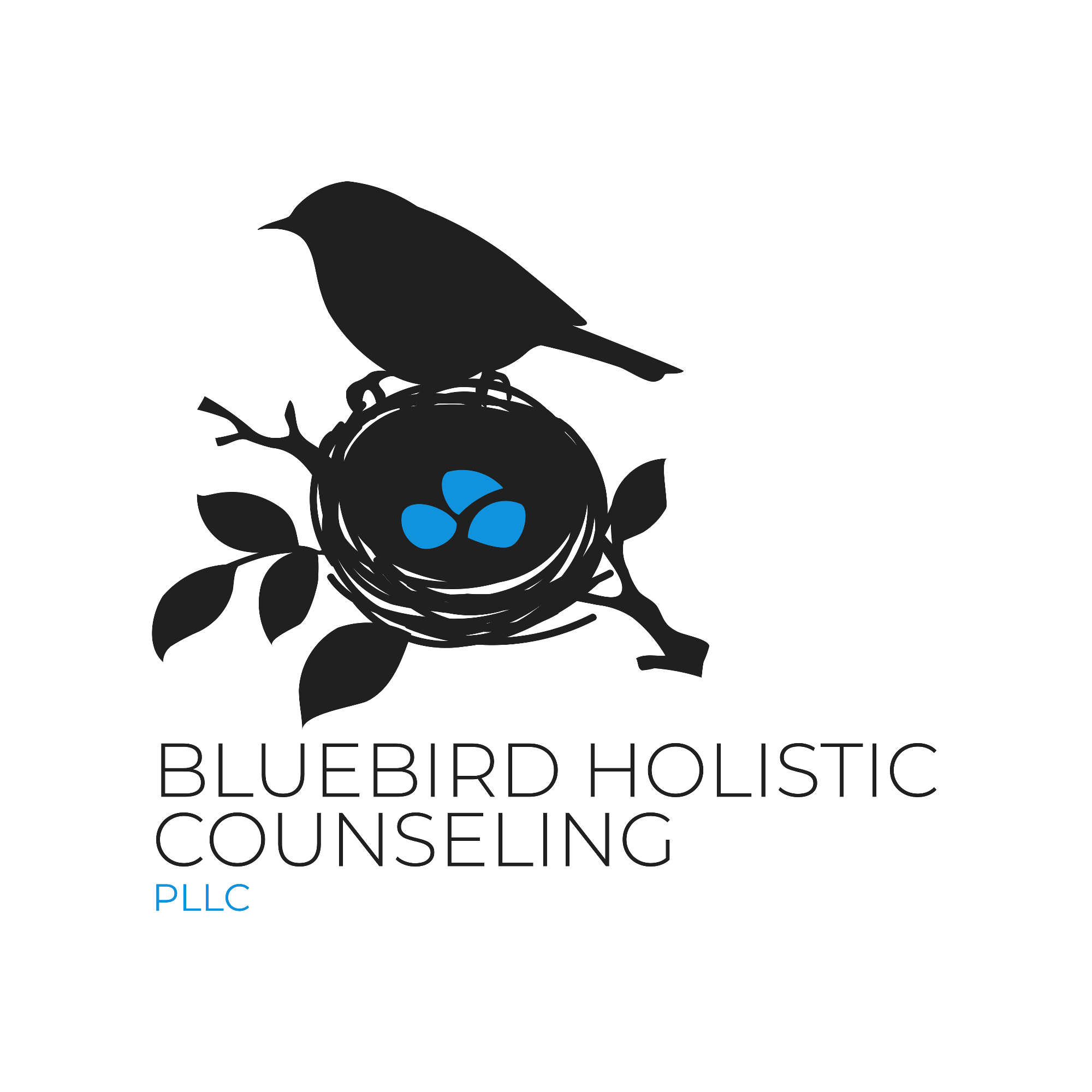 This logo features the words Bluebird Holistic Counseling in black capital letters. Under that is PLLC in smaller, blue capital letters. Above the text is a black silhouette of a bird sitting on the edge of a next with three blue eggs in it.