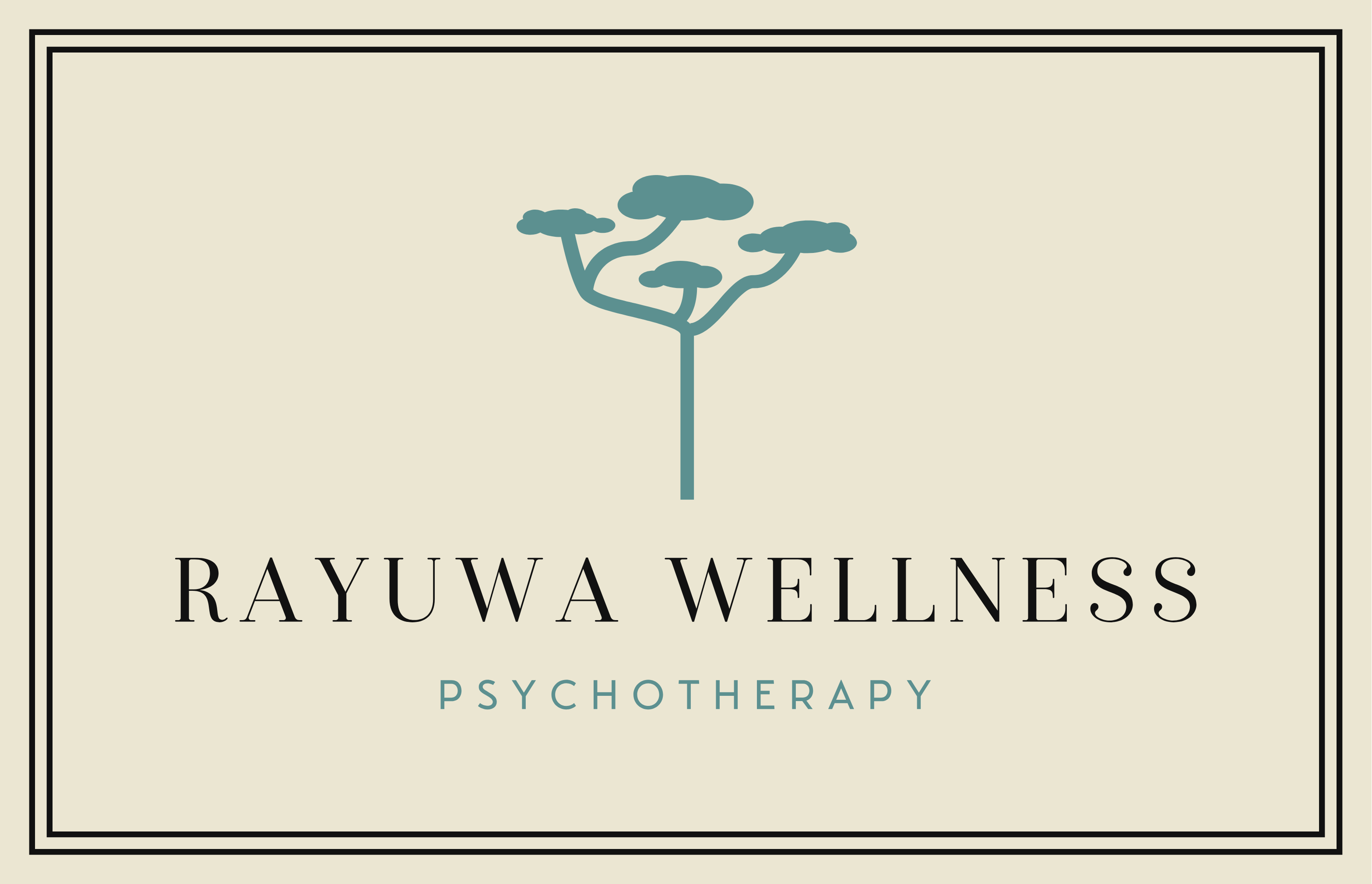 This logo is for Rayuwa Wellness Psychotherapy. It is a horizontal rectangle with a tan background and a slim black border offset. The words Rayuwa Wellness appear in all caps and black font. Under that, the word psychotherapy is shown in all caps, and smaller green font. Above the text is an image of a tree in green.