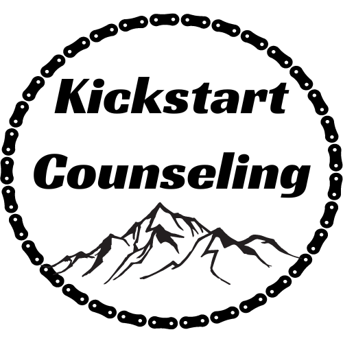 This logo features a  large circle consisting of a black bike chain with a mountain range inside the lower half and the name "Kickstart Counseling" in the upper half. The entire logo is in black and white.