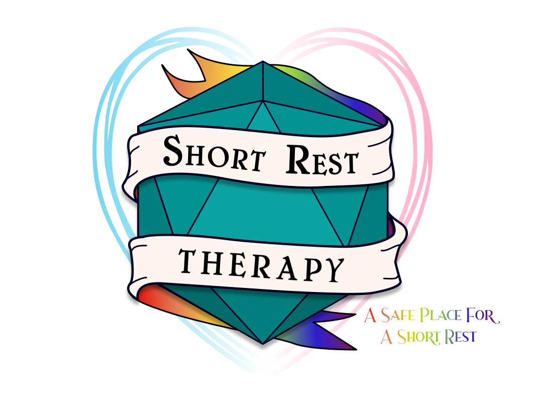 This logo features a teal-colored 20-sided die with a banner wrapped around it twice. The top part of the banner says "Short Rest" and the bottom part says "Therapy." The banner is off-white in color on the outside and rainbow-colored on the inside. Behind the dice and banner is a heart that is done in scribble style with the left half being light blue and right half being pink to represent trans people. Next to the bottom right corner of the logo are the words "A Safe Place For A Short Rest" in rainbow text.