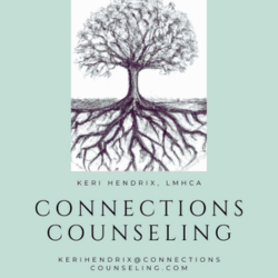 This logo features a light green background with a black and white woodcut-type illustration of a tree. Half the tree is above the ground and the roots are showing below the ground. Immediately below the image in all caps, but small font is "Keri Hendrix, LMNCA." Below that in all caps and large print is "Connections counseling." At the very bottom, in all caps and small font is "kerihendrix@connectionscounseling.com."