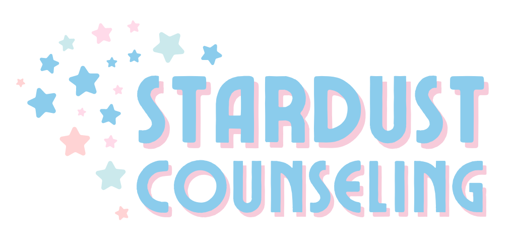 This image is the logo for Stardust Counseling. The business name appears in all caps in a light blue color with a pink drop shadow. To the left of the business name is a field of stars of different sizes in various shades of blue and pink.