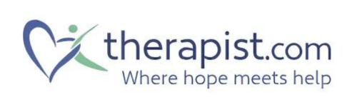 Therapist.com logo featuring a blue heart on the left with a green stick figure attached to the right side of the heart. To the right of that is "therapist.com" in all lower case text. Below that are the words "Where hope meets help."