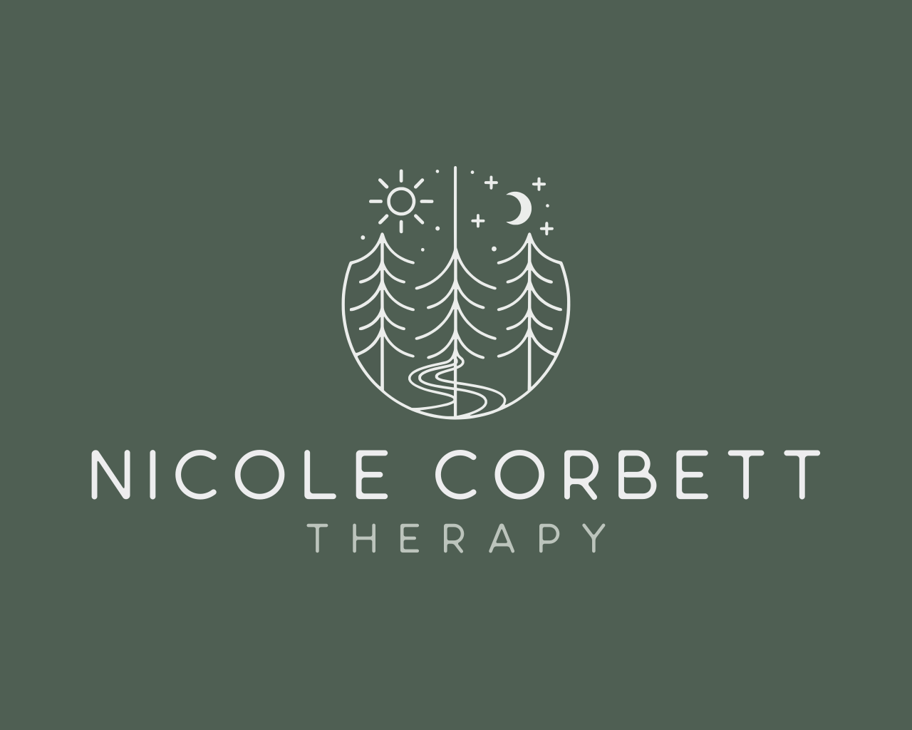 This is the logo for Nicole Corbett Therapy. It is a square shape with a forest green background and light colored sans serif text. Above the text is a round logo featuring line drawings of three pine trees. The tree on the left has a sun above it and the tree on the right has a crescent moon above it.